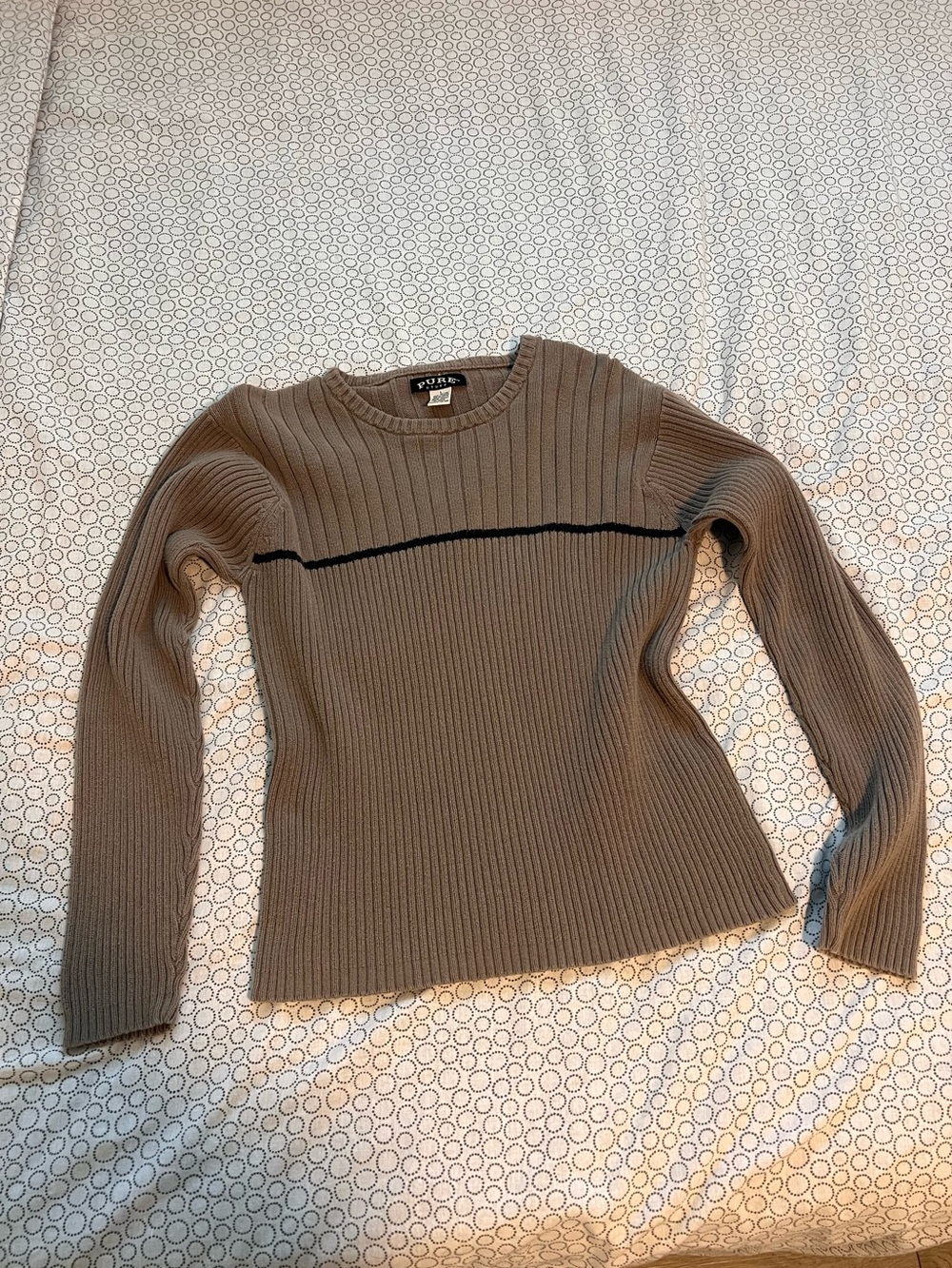 Men's Ribbed Crewneck Sweater in Tan with Contrast Stripe